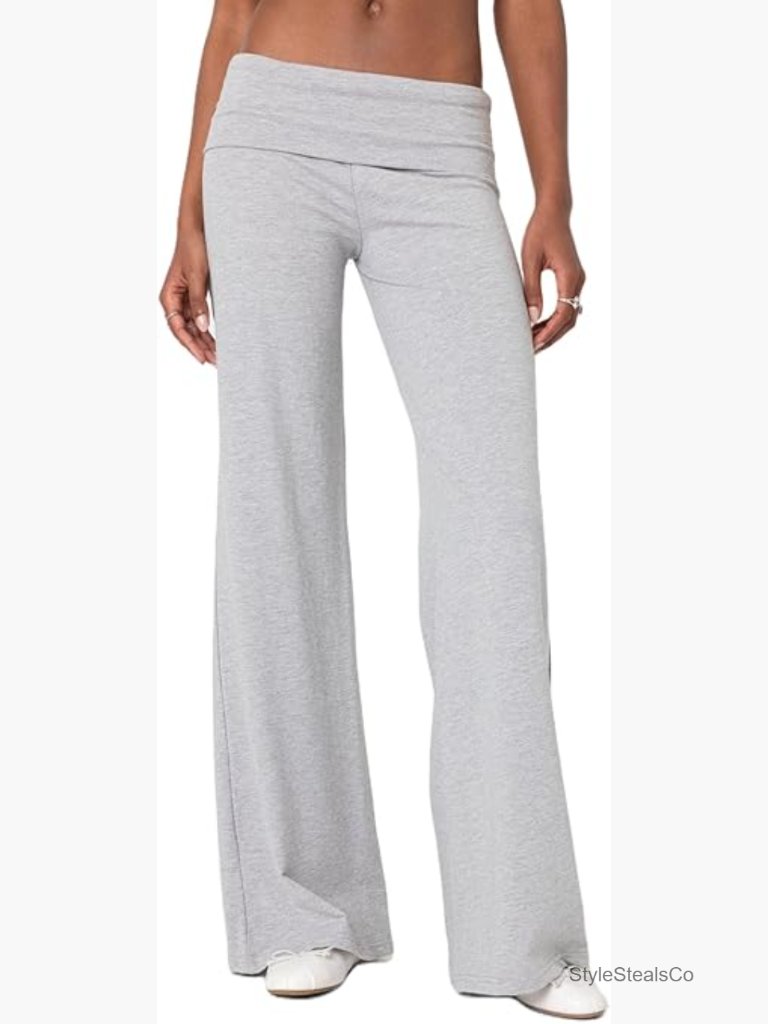 Women Fold Over Straight Leg Yoga Pants Low Rise Lounge Sweatpants Flare Bell